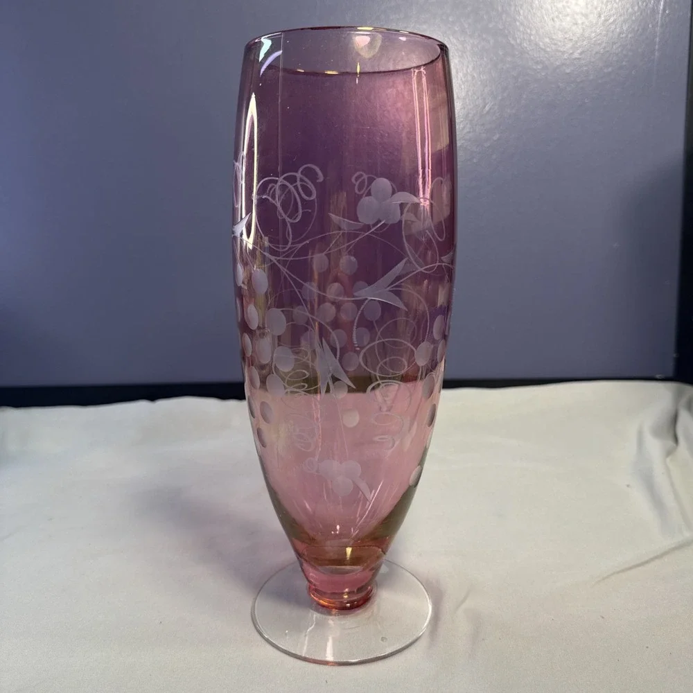 Vintage Cranberry Pink Glass Footed Vase Etched Grapes 10